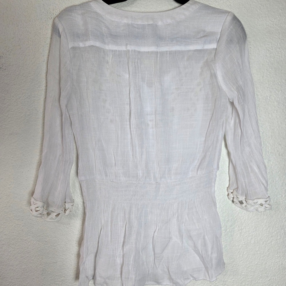 Alfani Petite 8P White Crochet Cutout V Neck 3/4 Sleeve Boho Blouse - Picture 2 of 6